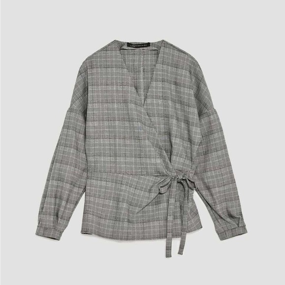 ZARA | Black and White Checkered Wrap Blouse Top Blazer with Puff Sleeves - Picture 13 of 16